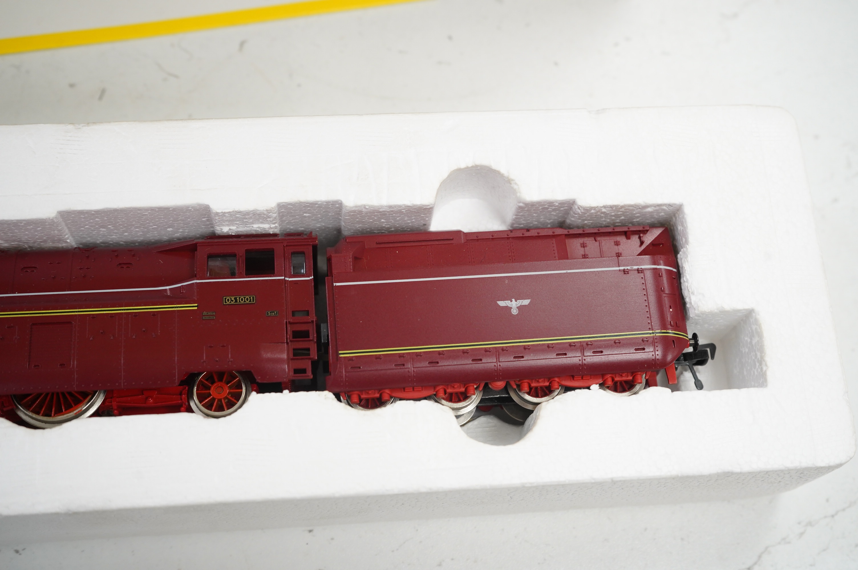 Two boxed HO gauge railway German outline tender locomotives; a 03 1001 streamlined 4-6-2 in maroon (4173) and a 051628-6, 2-10-0, in red and black (4177). Condition - good.